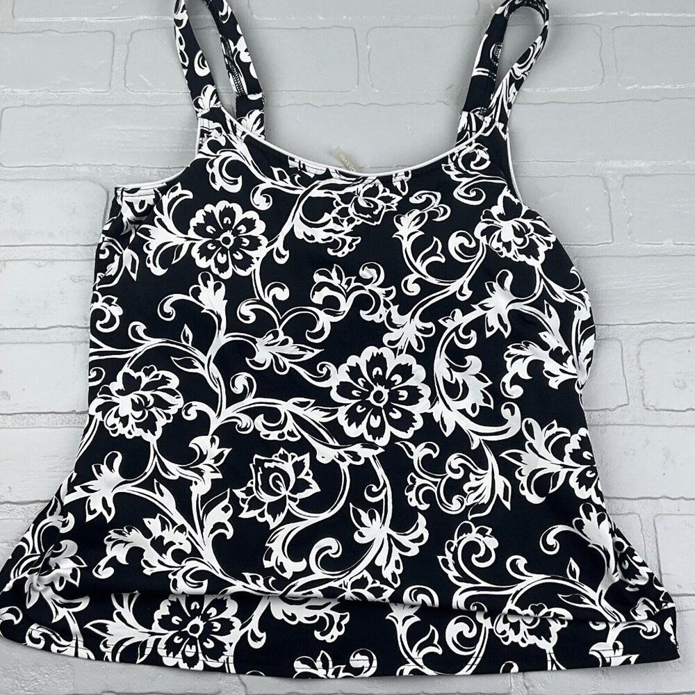 Lands End Swim Top Women 12A Black White Floral Bra Pads Wide Tankini Boho Beach